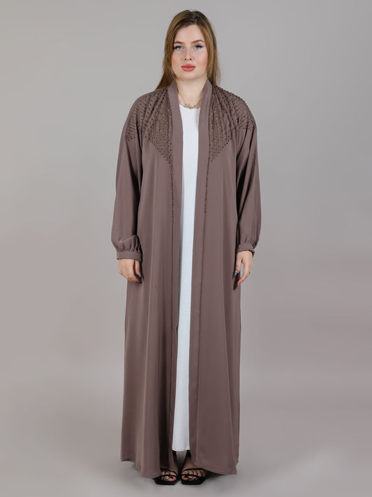 MSquare Fashion Front Embroidered Brown Nida Abaya