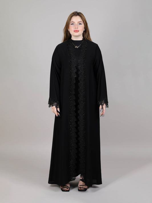 MSquare Fashion Black lace Open Abaya With Embroidery.