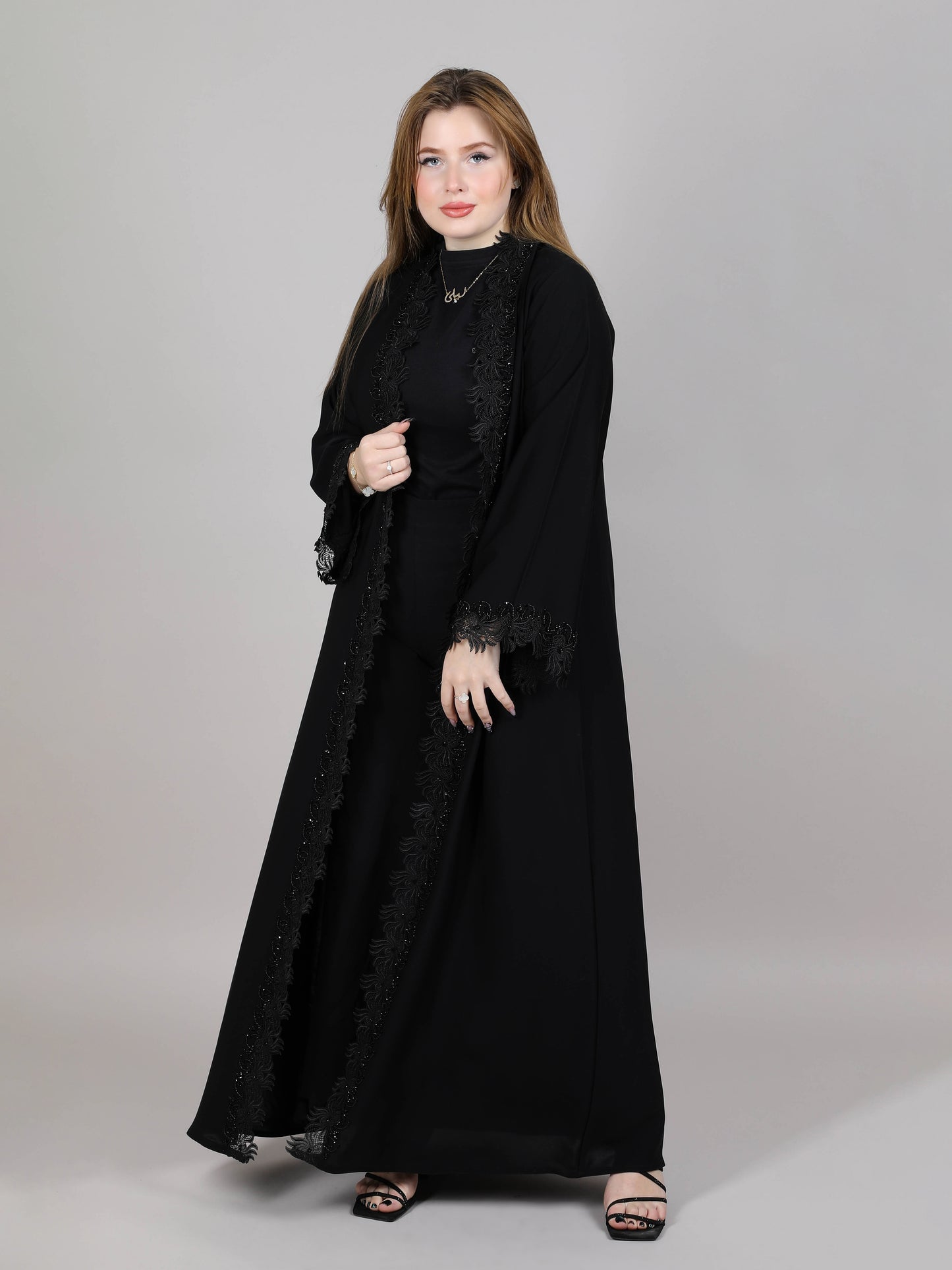 MSquare Fashion Black lace Open Abaya With Embroidery.