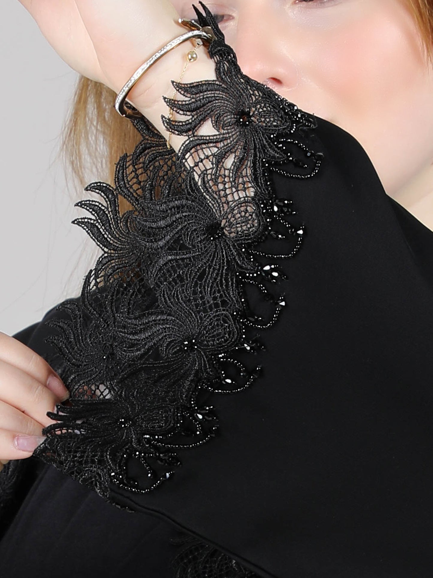 MSquare Fashion Black lace Open Abaya With Embroidery.