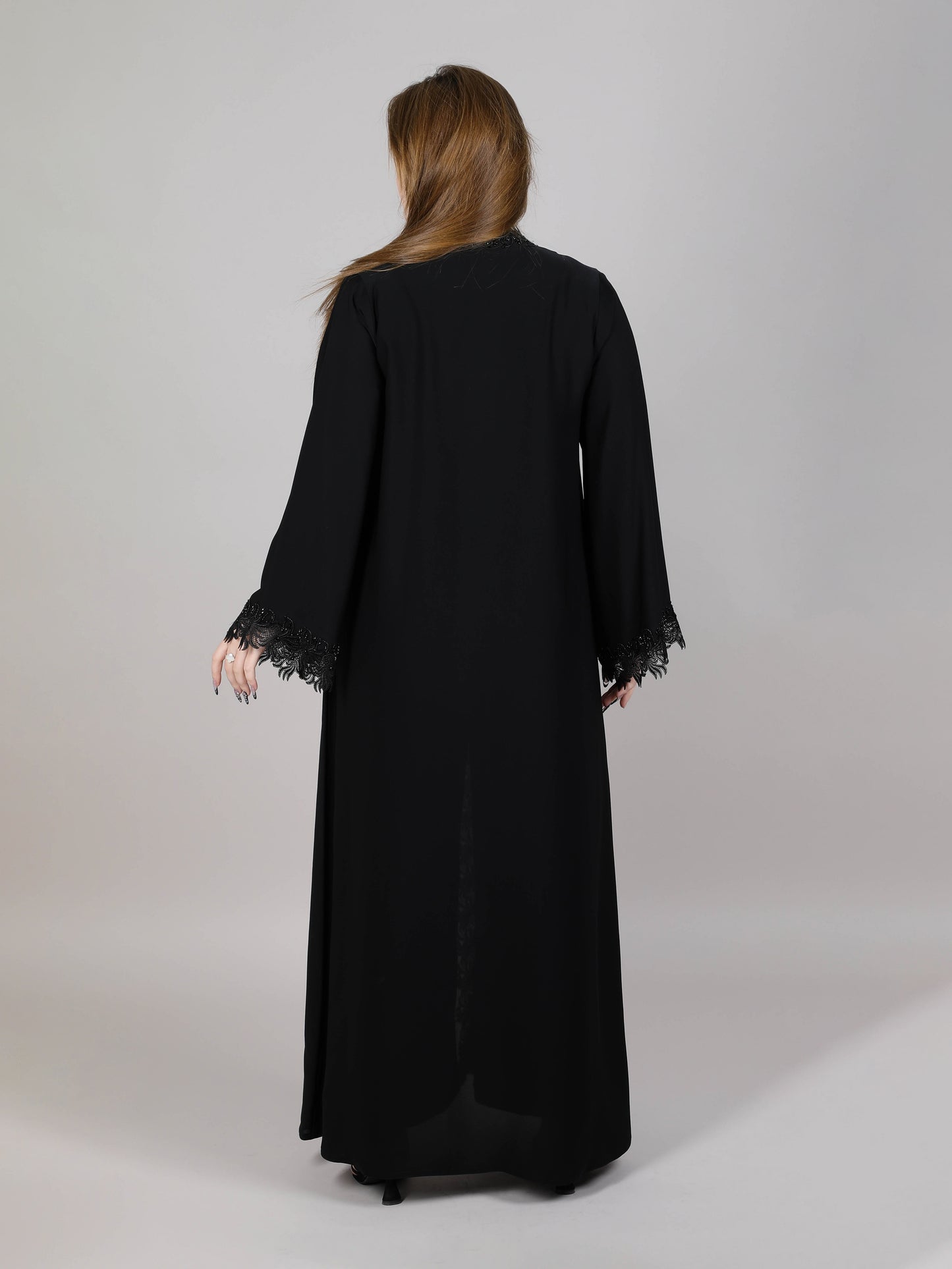 MSquare Fashion Black lace Open Abaya With Embroidery.