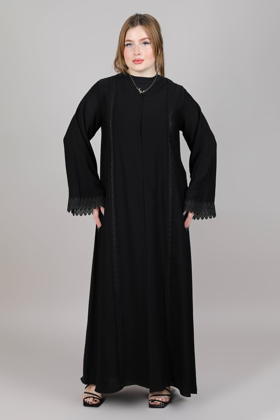 MSquare Fashion V-Neck Black Nida Embroidered Open Abaya