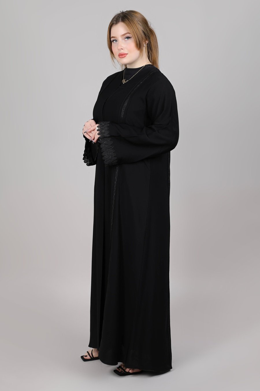 MSquare Fashion V-Neck Black Nida Embroidered Open Abaya