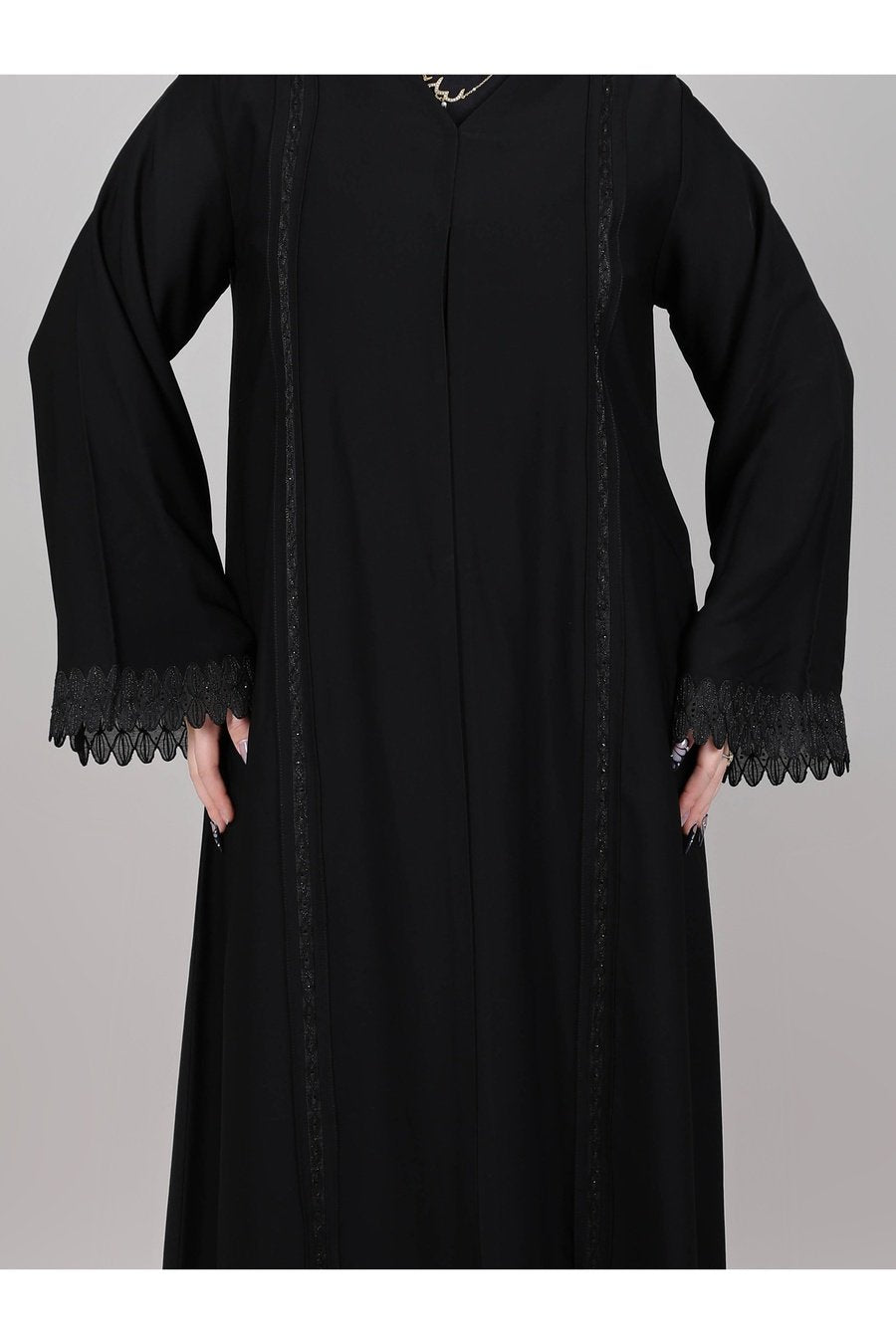 MSquare Fashion V-Neck Black Nida Embroidered Open Abaya