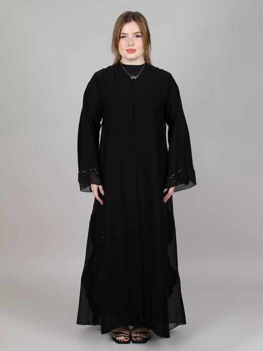 MSquare Fashion V-Neck Nida and Organza Fabric Black Embroidered Open Abaya