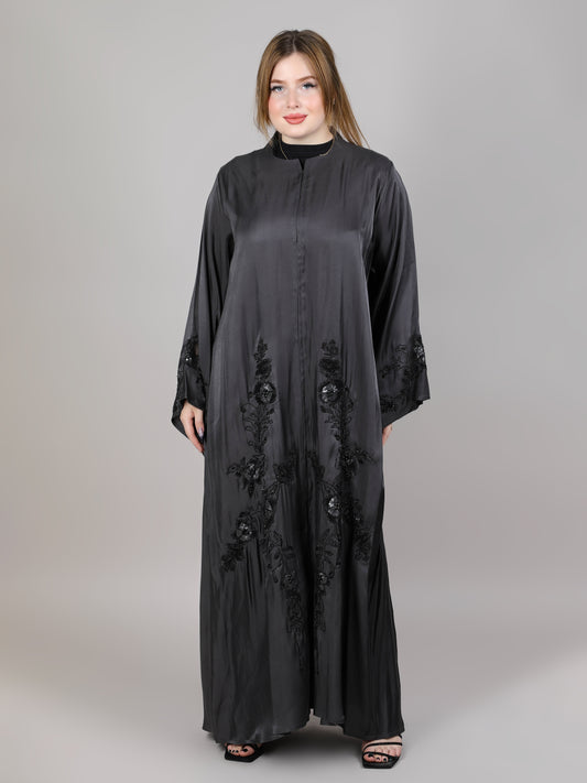 MSquare Fashion V-Neck Rotana Shimmer Fabric Black Embroidered Open Abaya