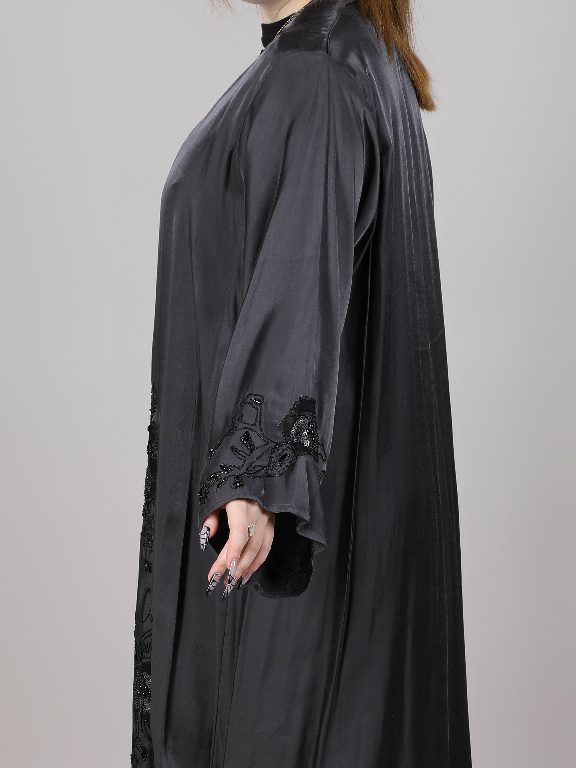 MSquare Fashion V-Neck Rotana Shimmer Fabric Black Embroidered Open Abaya