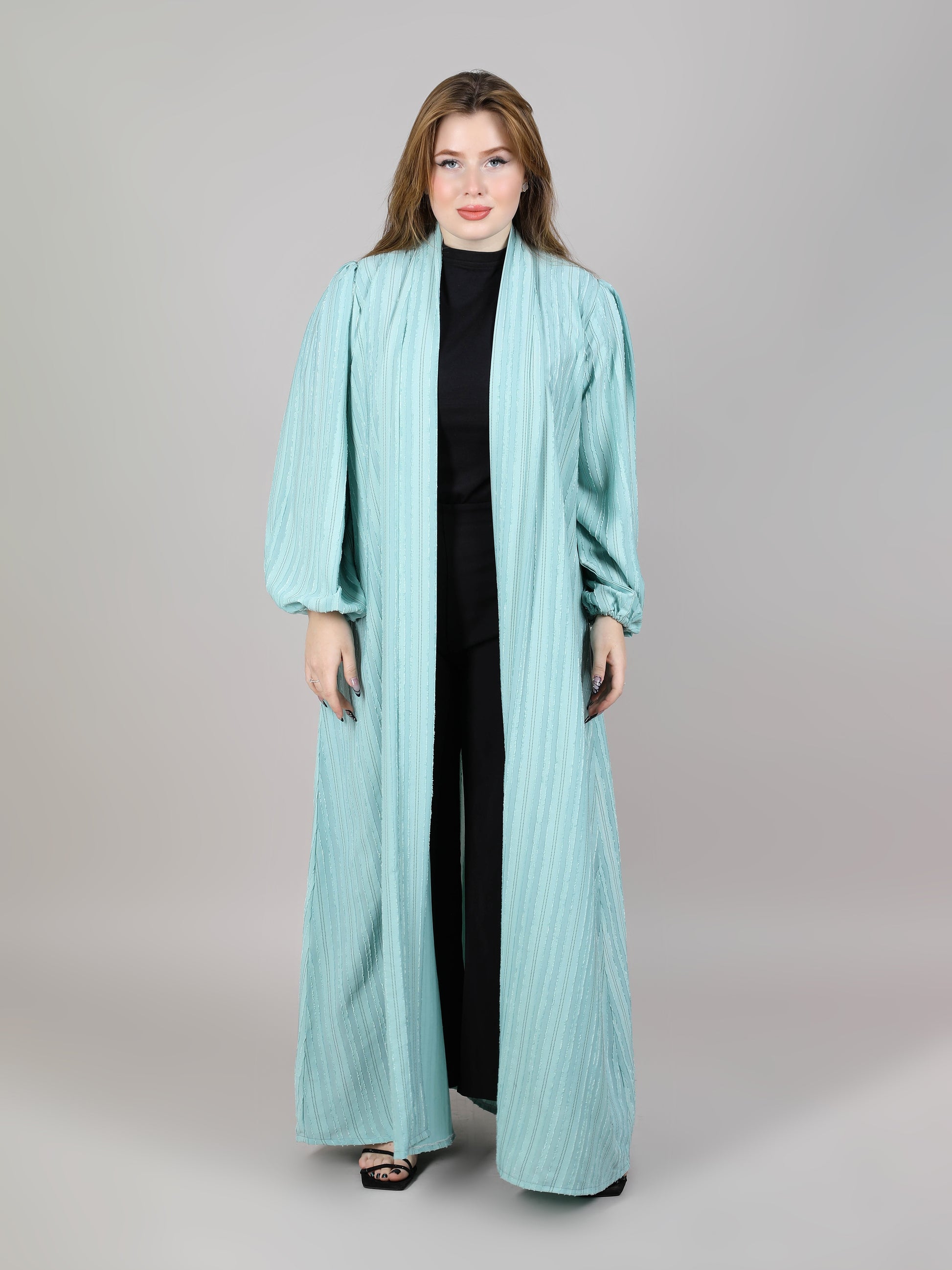 MSquare Fashion V-Neck Cey Lining Fabric Turquoise Plain Open Abaya