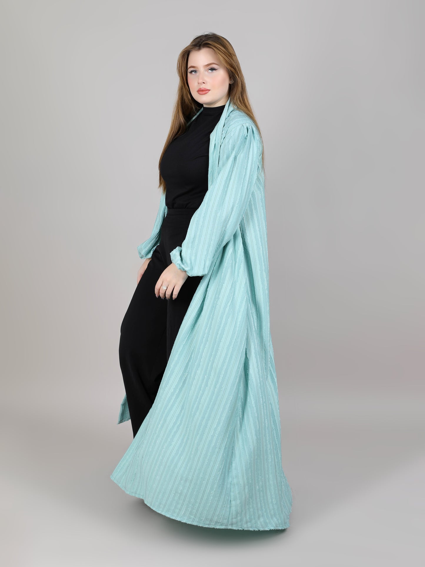 MSquare Fashion V-Neck Cey Lining Fabric Turquoise Plain Open Abaya