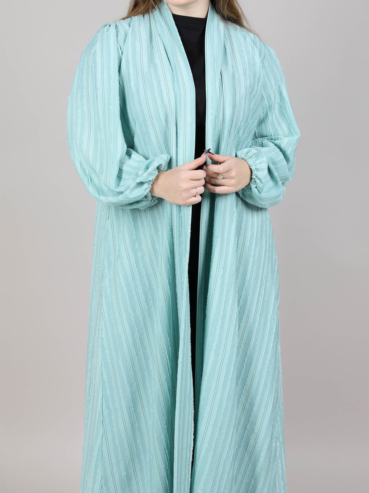 MSquare Fashion V-Neck Cey Lining Fabric Turquoise Plain Open Abaya