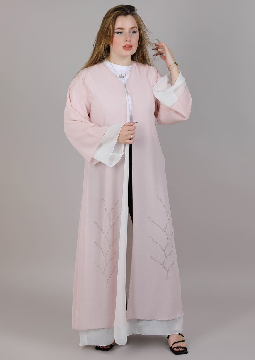 MSquare Fashion Pink and White Organza double layered embroidered abaya