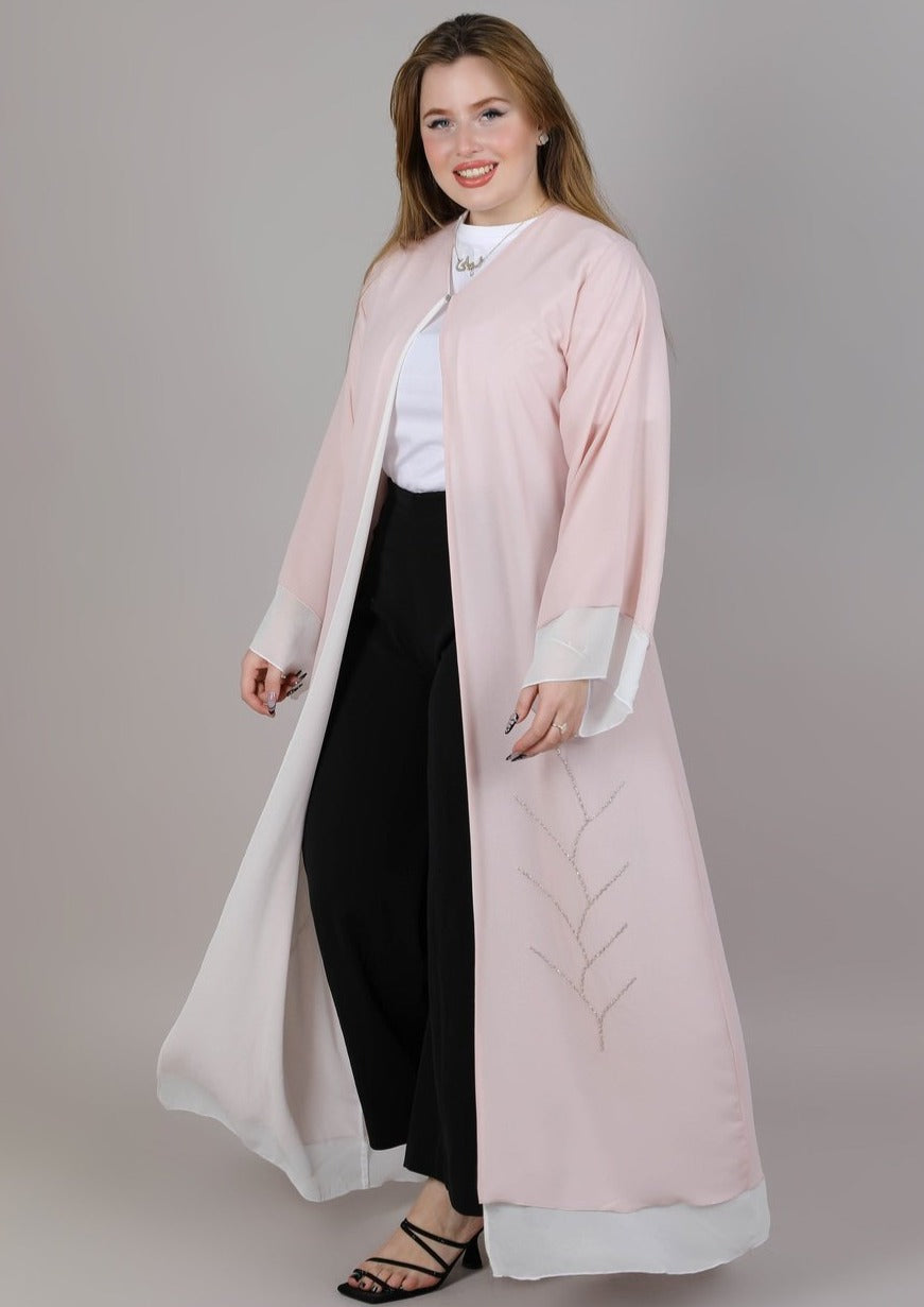 MSquare Fashion Pink and White Organza double layered embroidered abaya