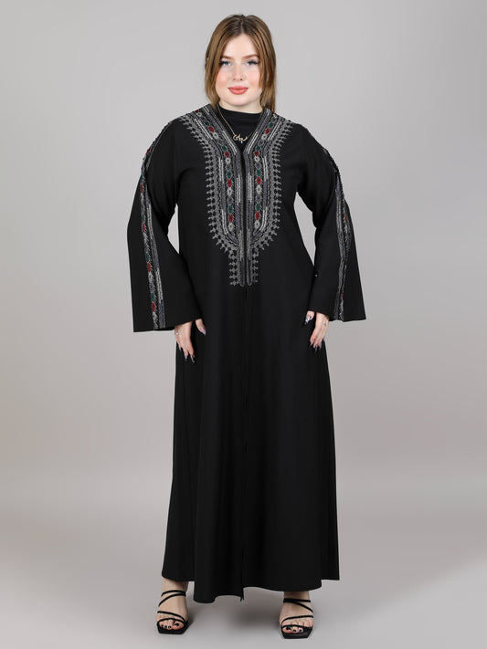 MSquare Fashion V-Neck Black Crepe Embroidered Open Casual Abaya