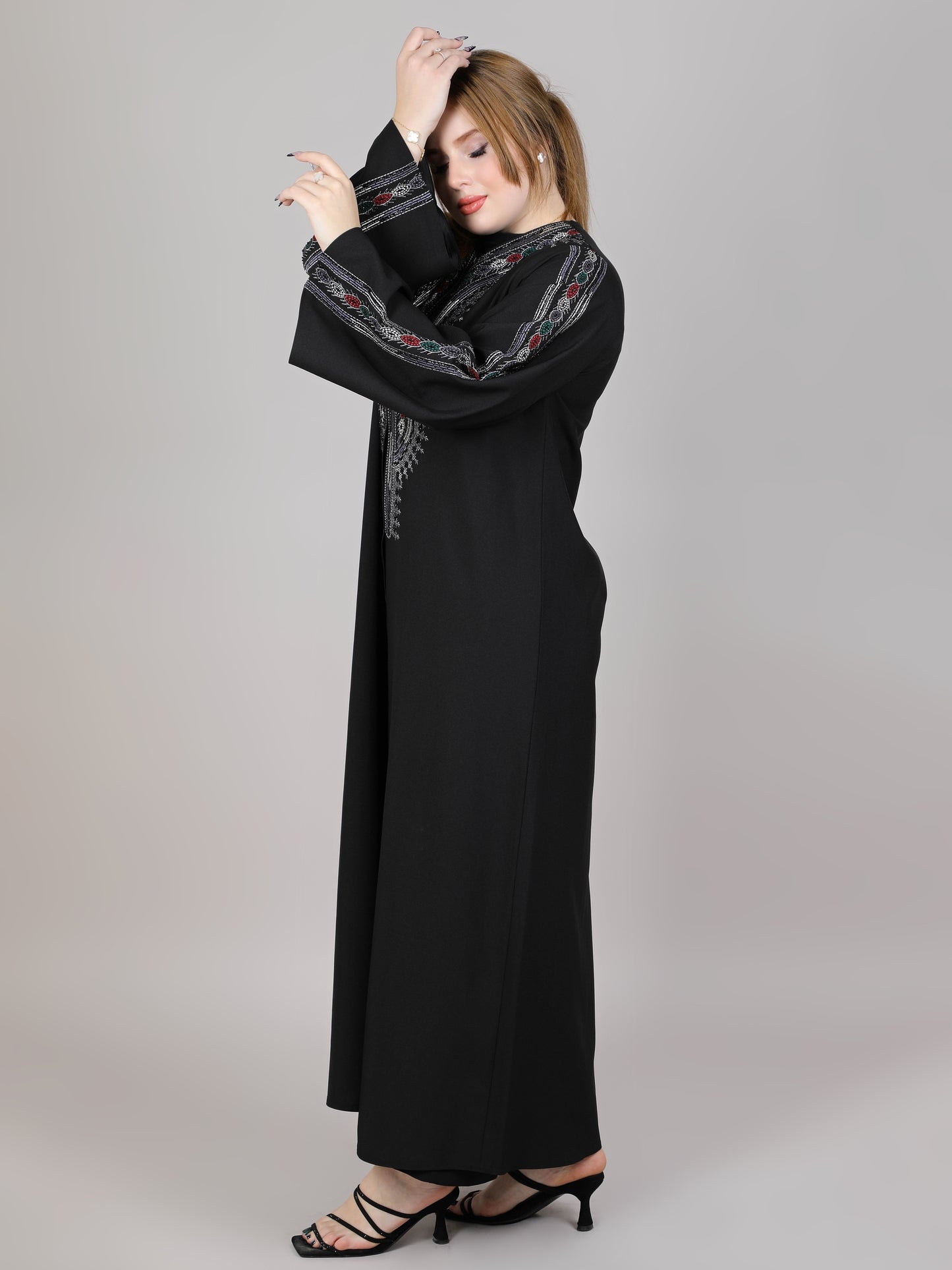 MSquare Fashion V-Neck Black Crepe Embroidered Open Casual Abaya