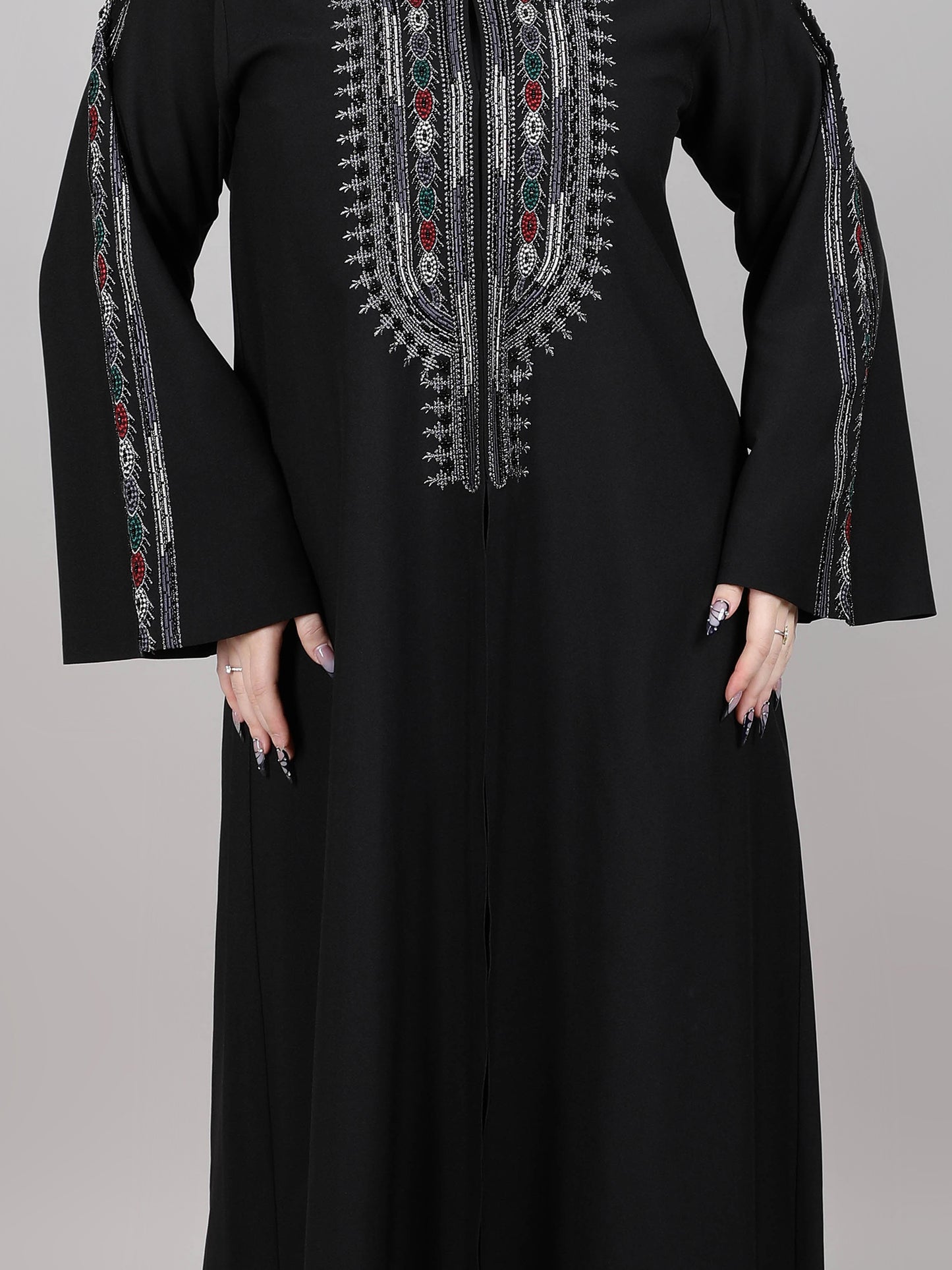 MSquare Fashion V-Neck Black Crepe Embroidered Open Casual Abaya