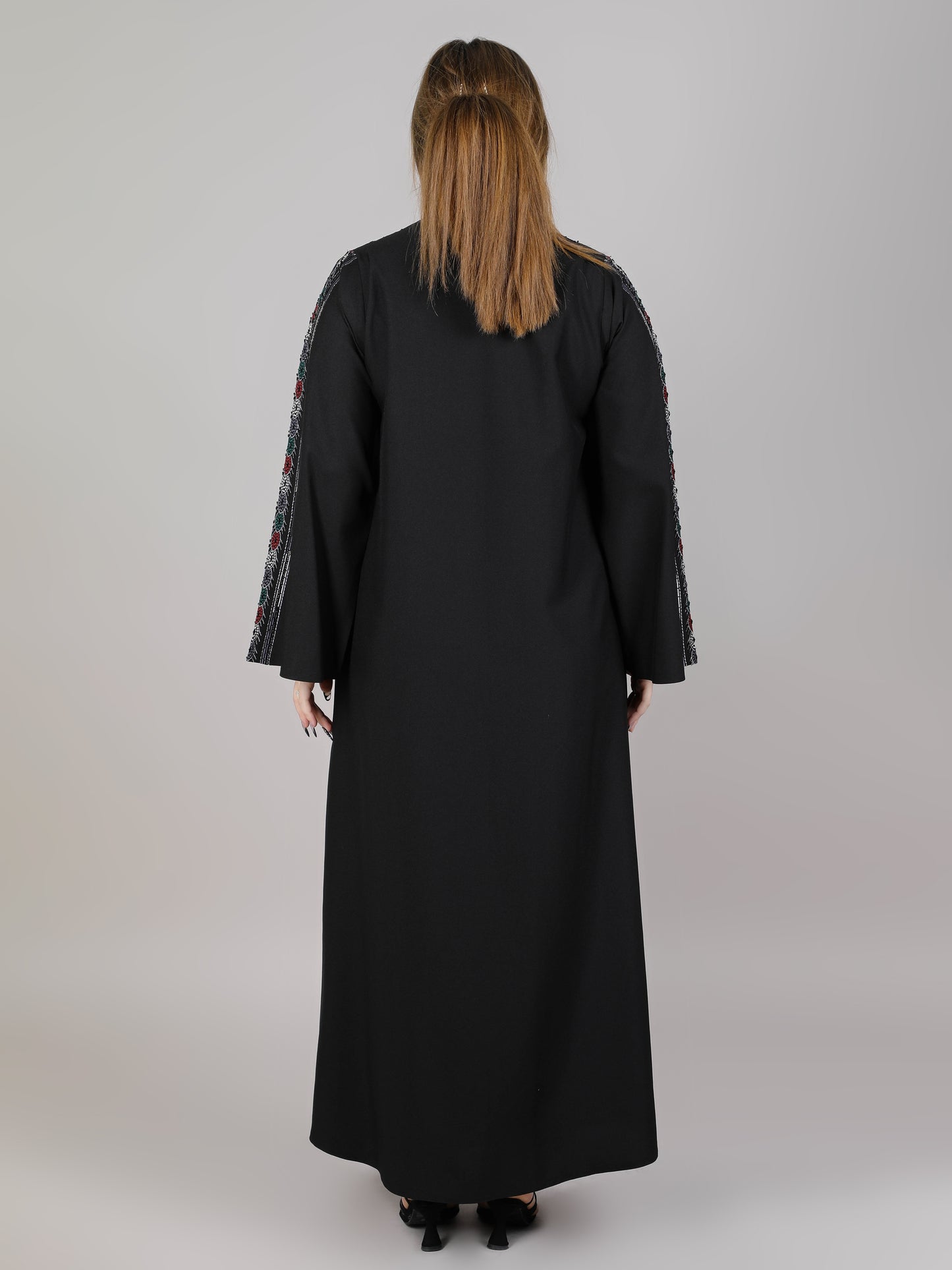 MSquare Fashion V-Neck Black Crepe Embroidered Open Casual Abaya