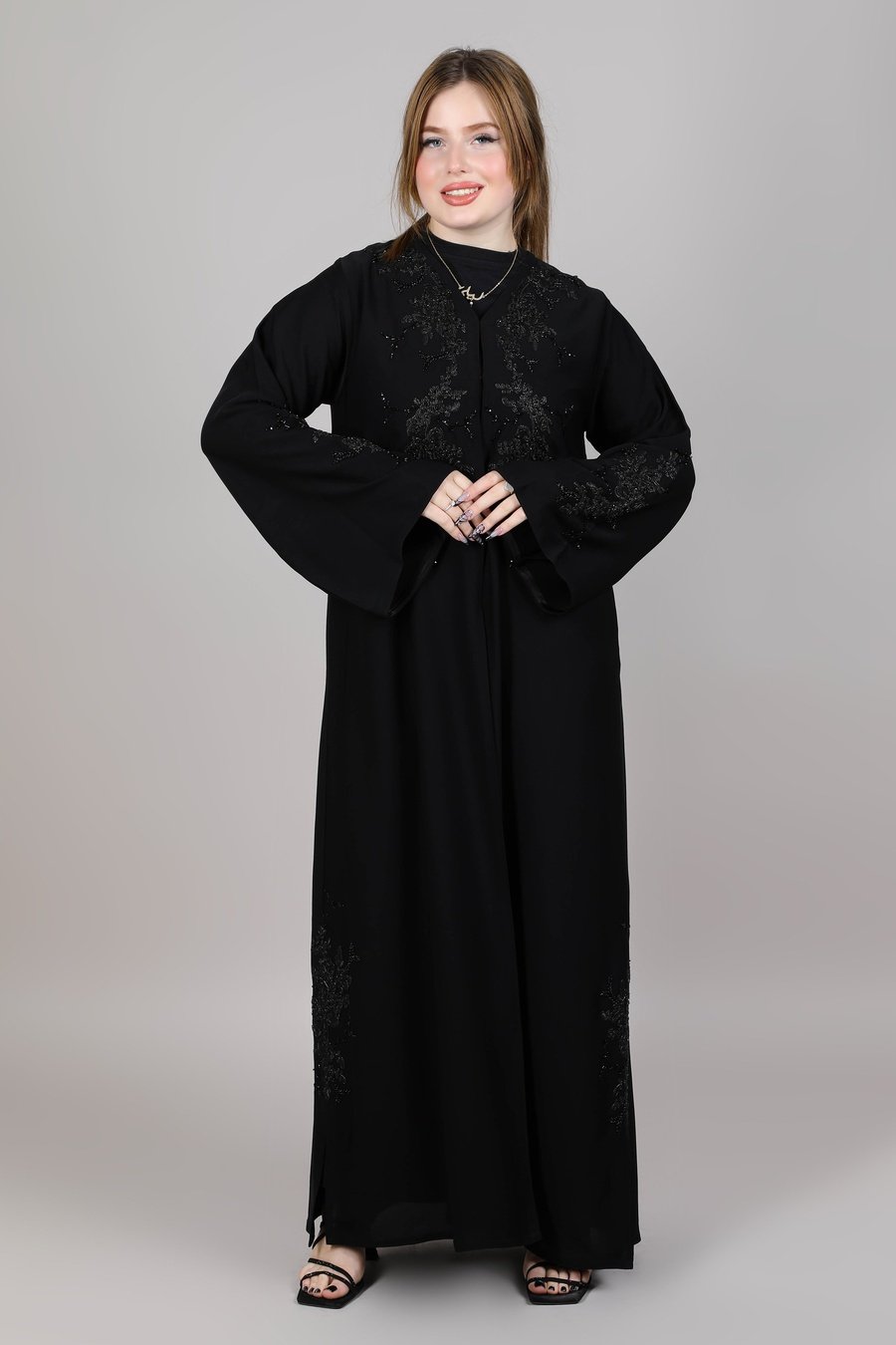 MSquare Fashion Black Korean Nida abaya with front embroidered Abaya