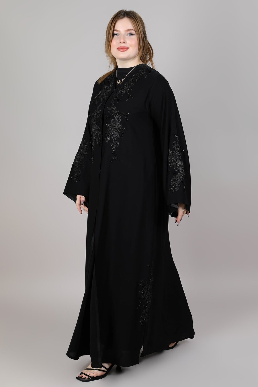 MSquare Fashion Black Korean Nida abaya with front embroidered Abaya