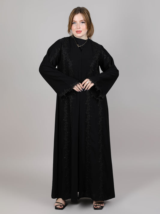 MSquare Fashion V-Neck Black Nida Embroidered and Lace Abaya