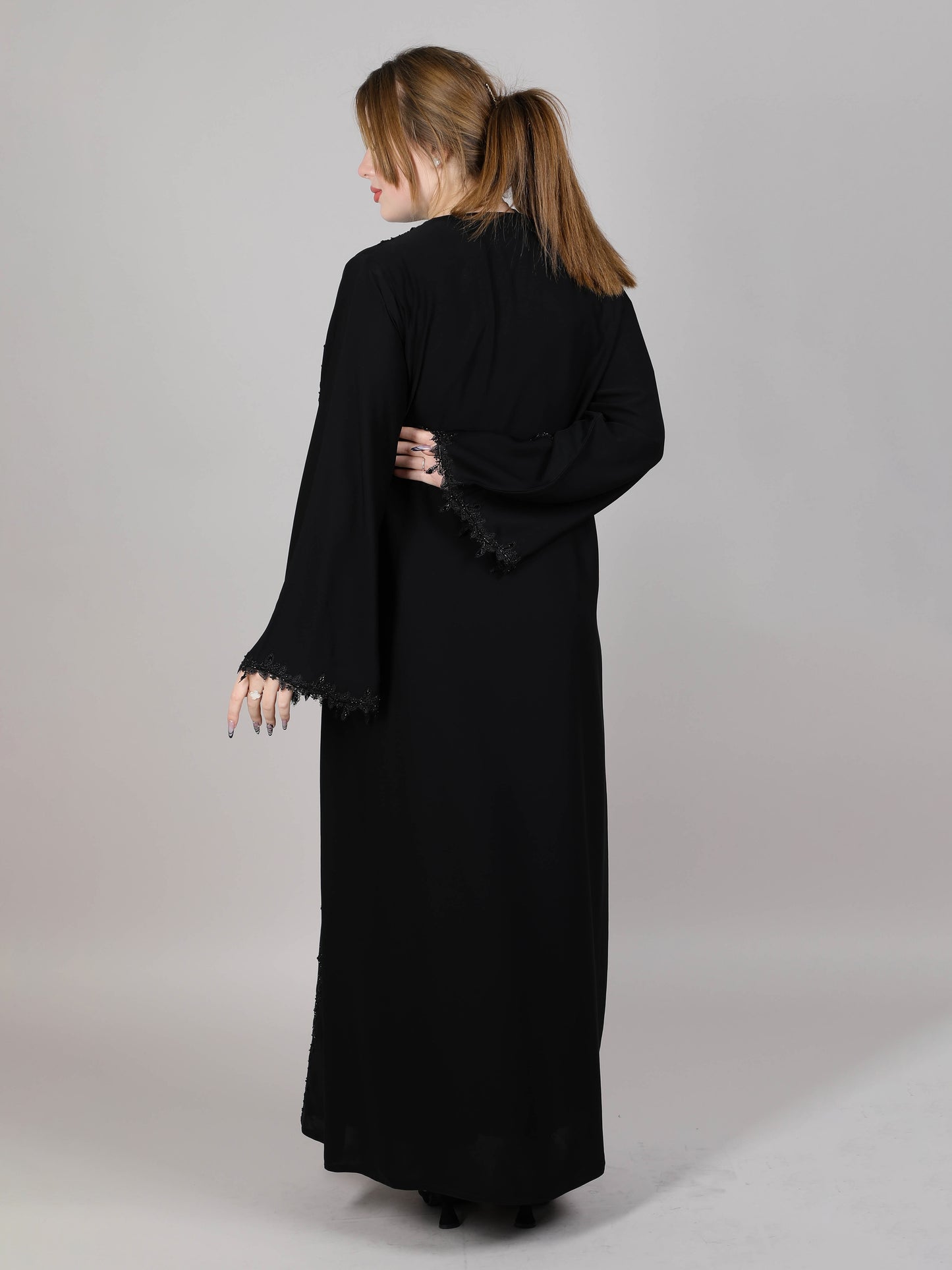 MSquare Fashion V-Neck Black Nida Embroidered and Lace Abaya