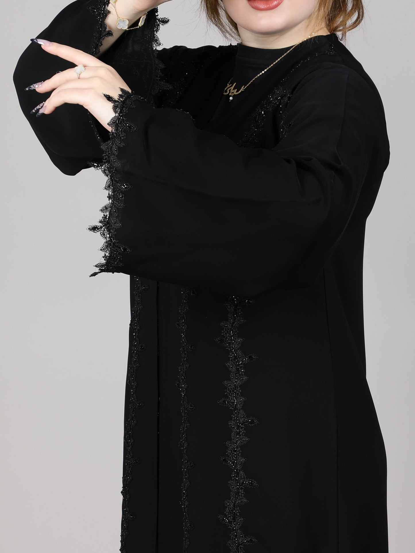 MSquare Fashion V-Neck Black Nida Embroidered and Lace Abaya