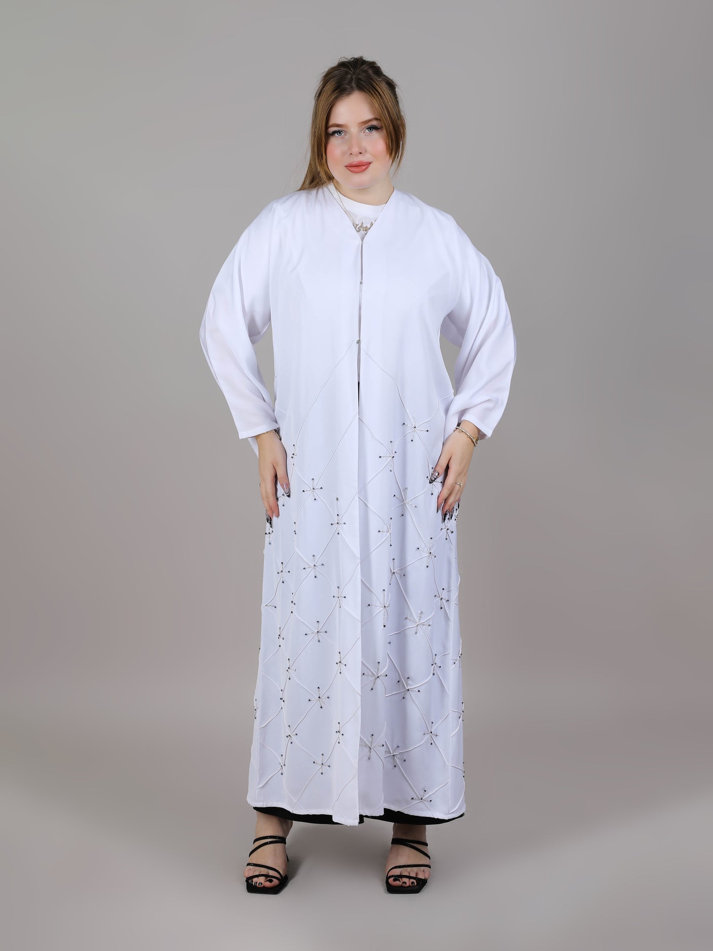 MSquare Fashion V-Neck White Embroidered Korean Nida Open Casual Abaya