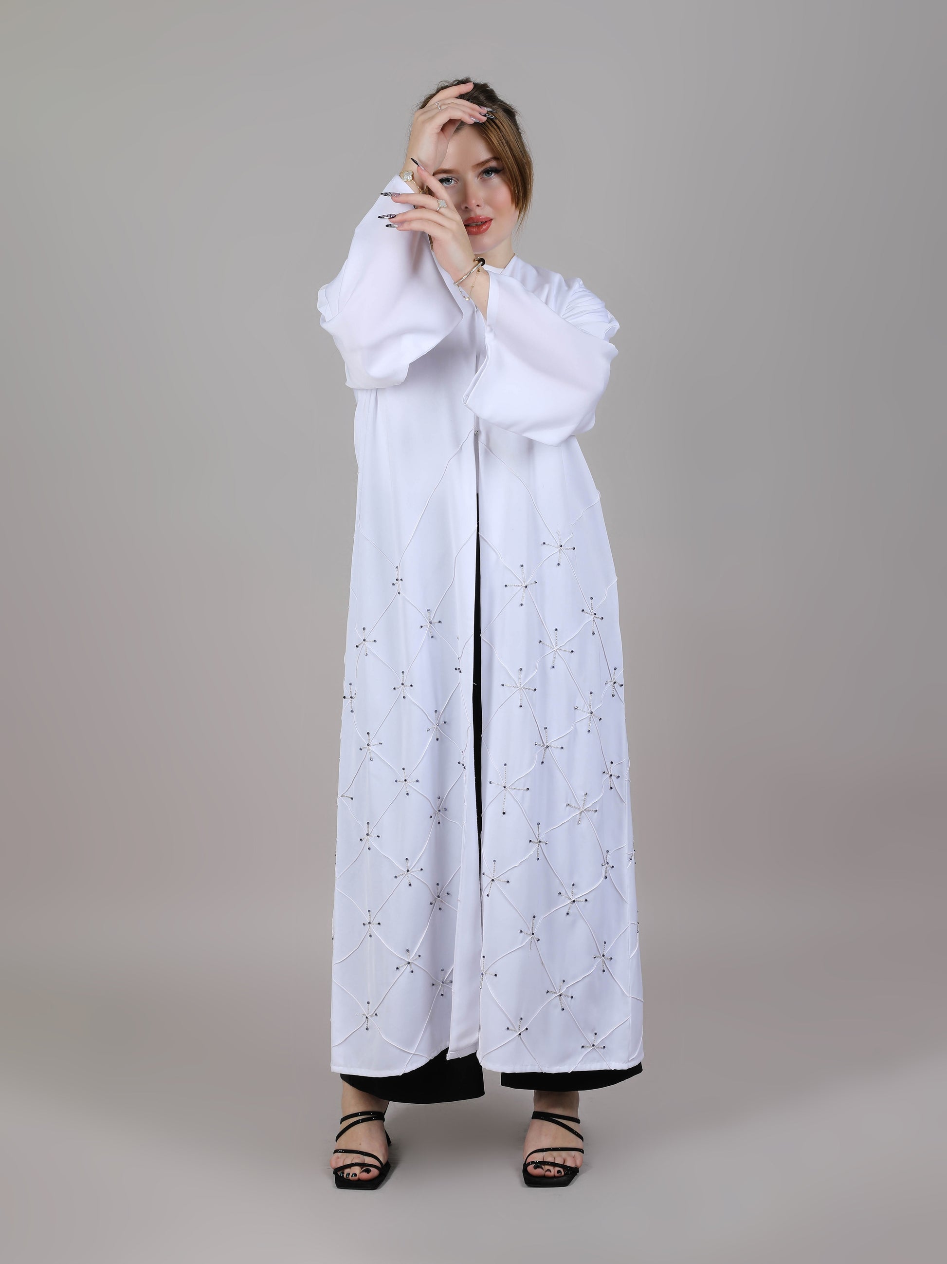 MSquare Fashion V-Neck White Embroidered Korean Nida Open Casual Abaya