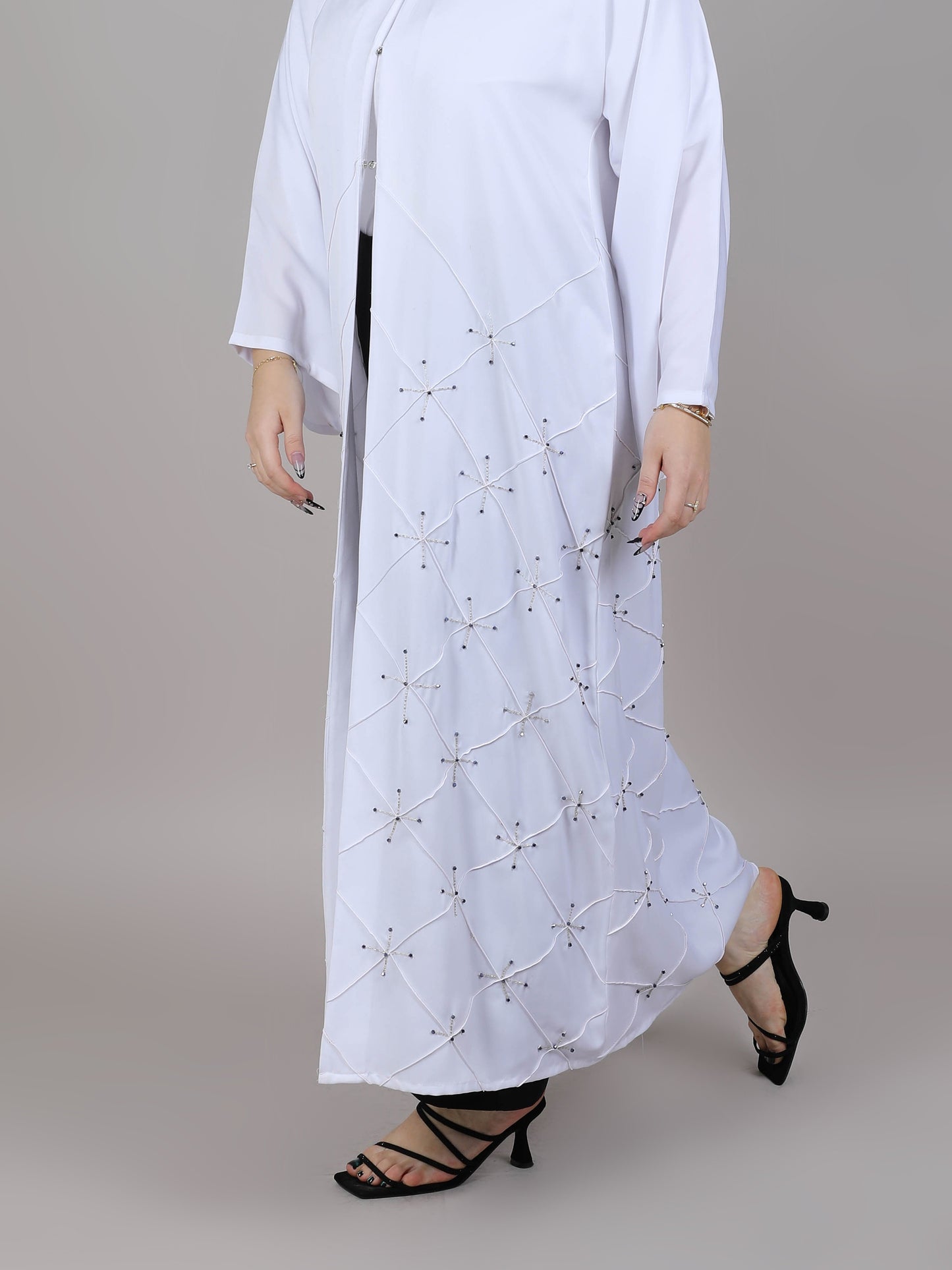 MSquare Fashion V-Neck White Embroidered Korean Nida Open Casual Abaya