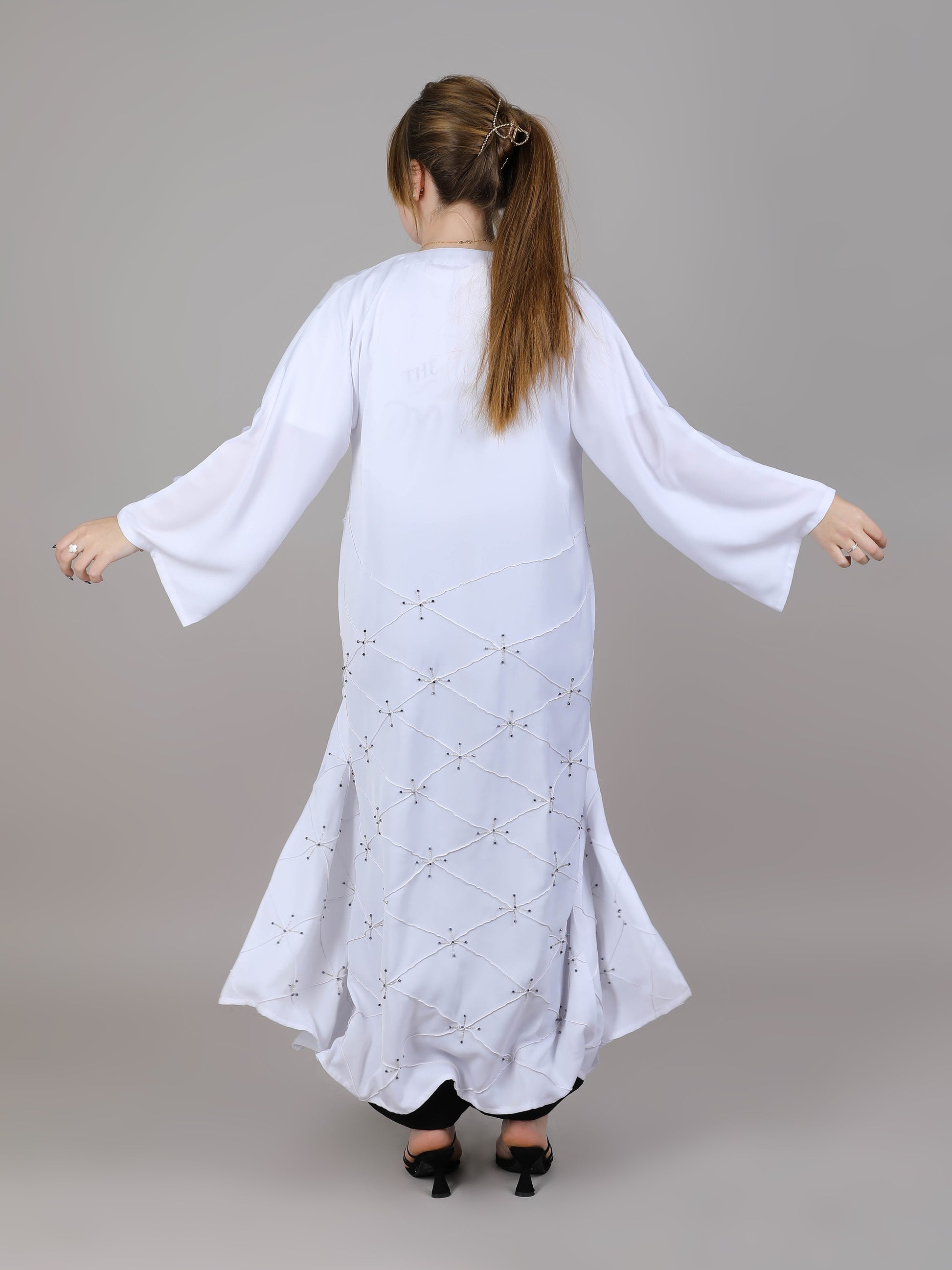 MSquare Fashion V-Neck White Embroidered Korean Nida Open Casual Abaya