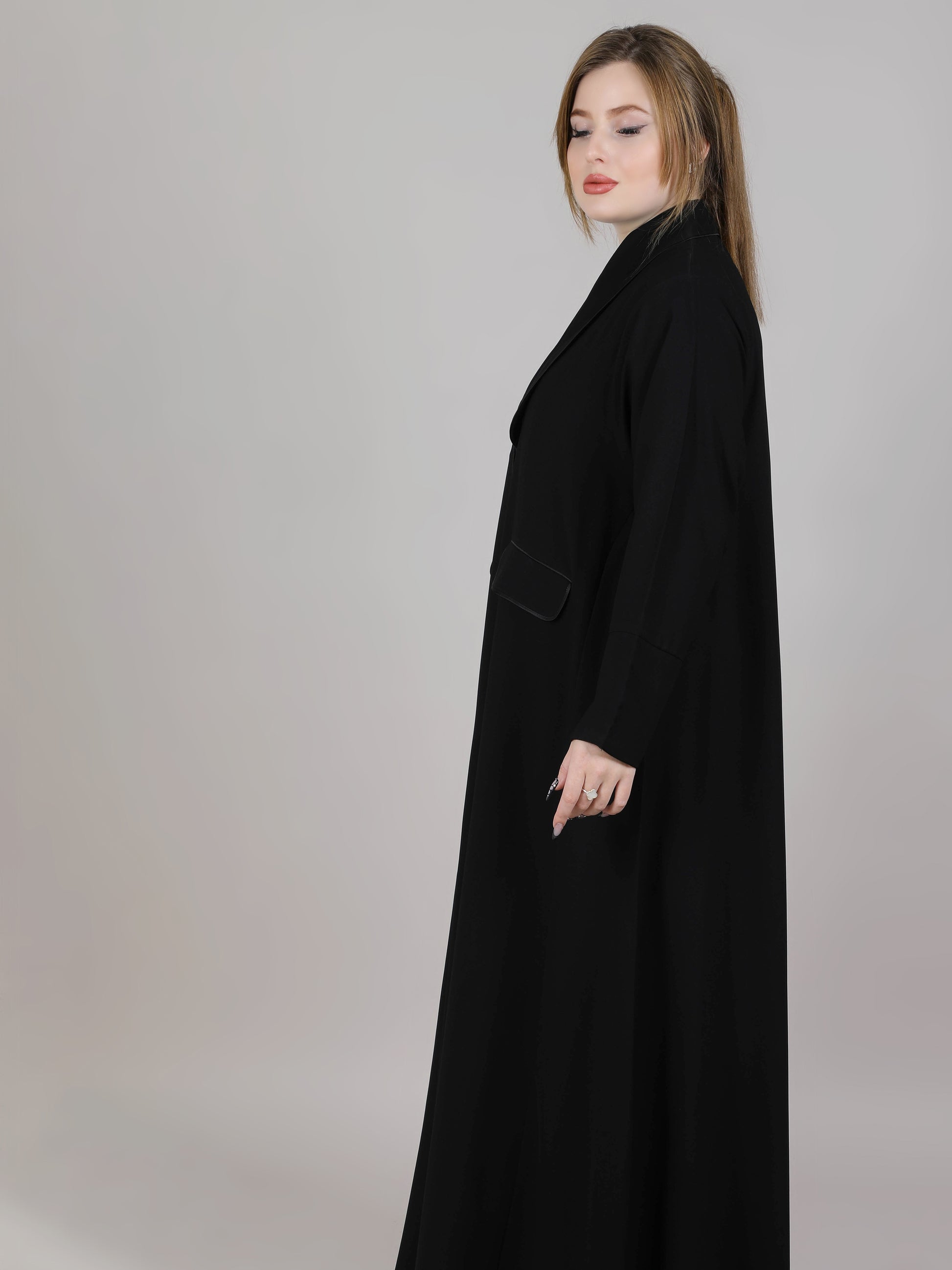 MSquare Fashion Lapel Collar Black Pocket Abaya with Pockets