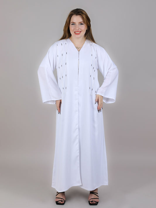 MSquare Fashion V-Neck White Nida Embroidered Open Abaya