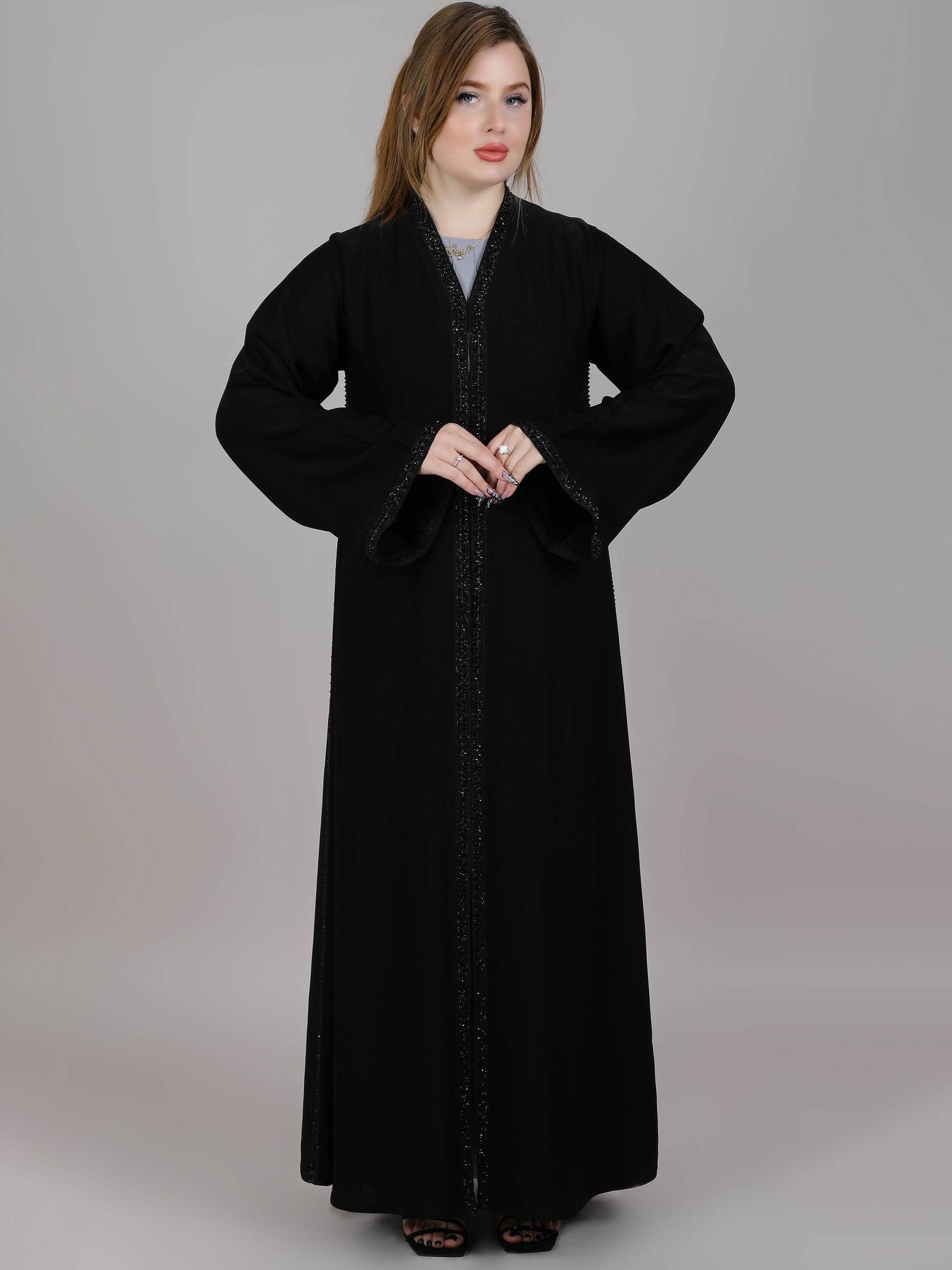 MSquare Fashion V-Neck Black Nida Embroidered Open Abaya