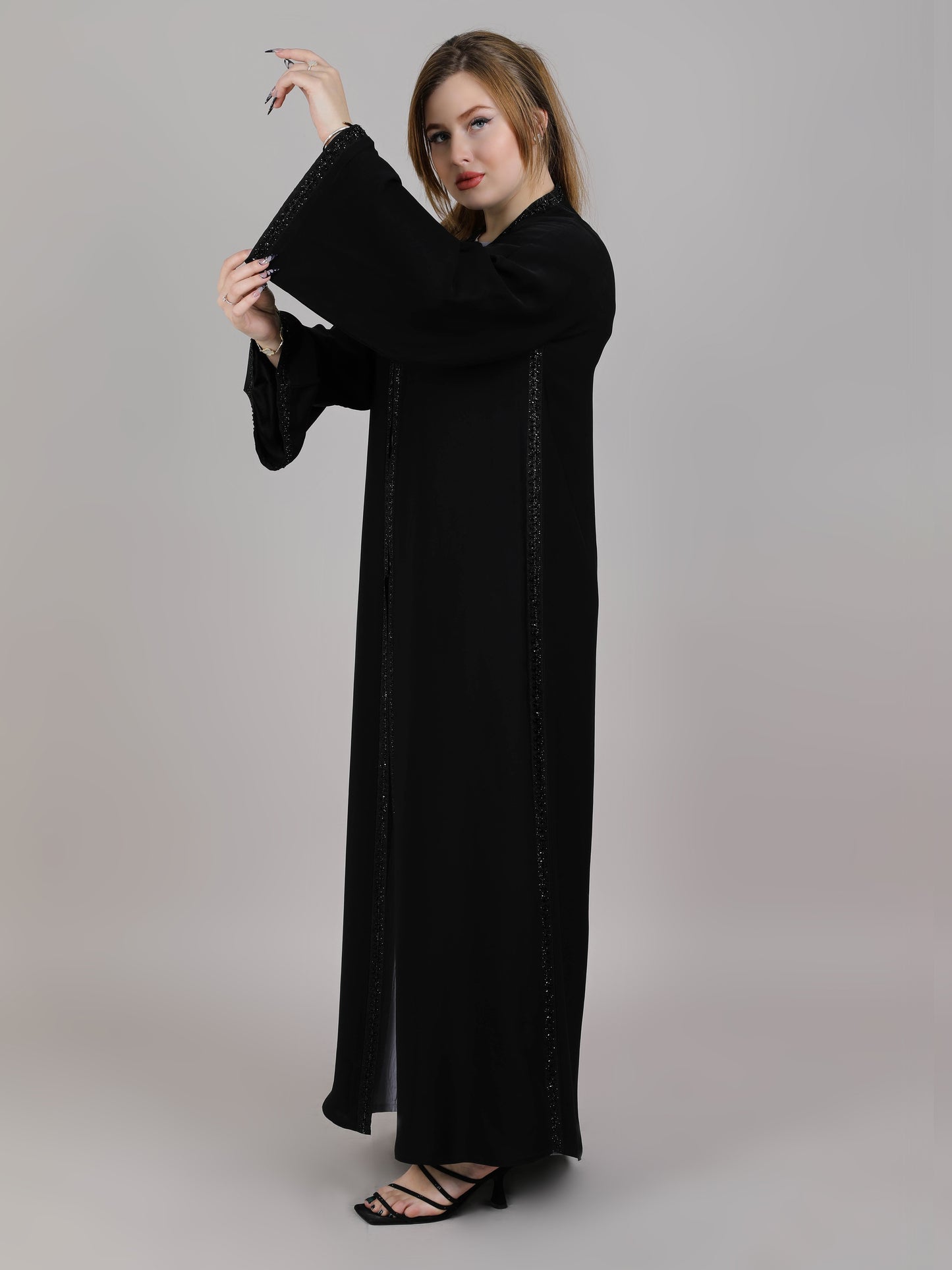 MSquare Fashion V-Neck Black Nida Embroidered Open Abaya