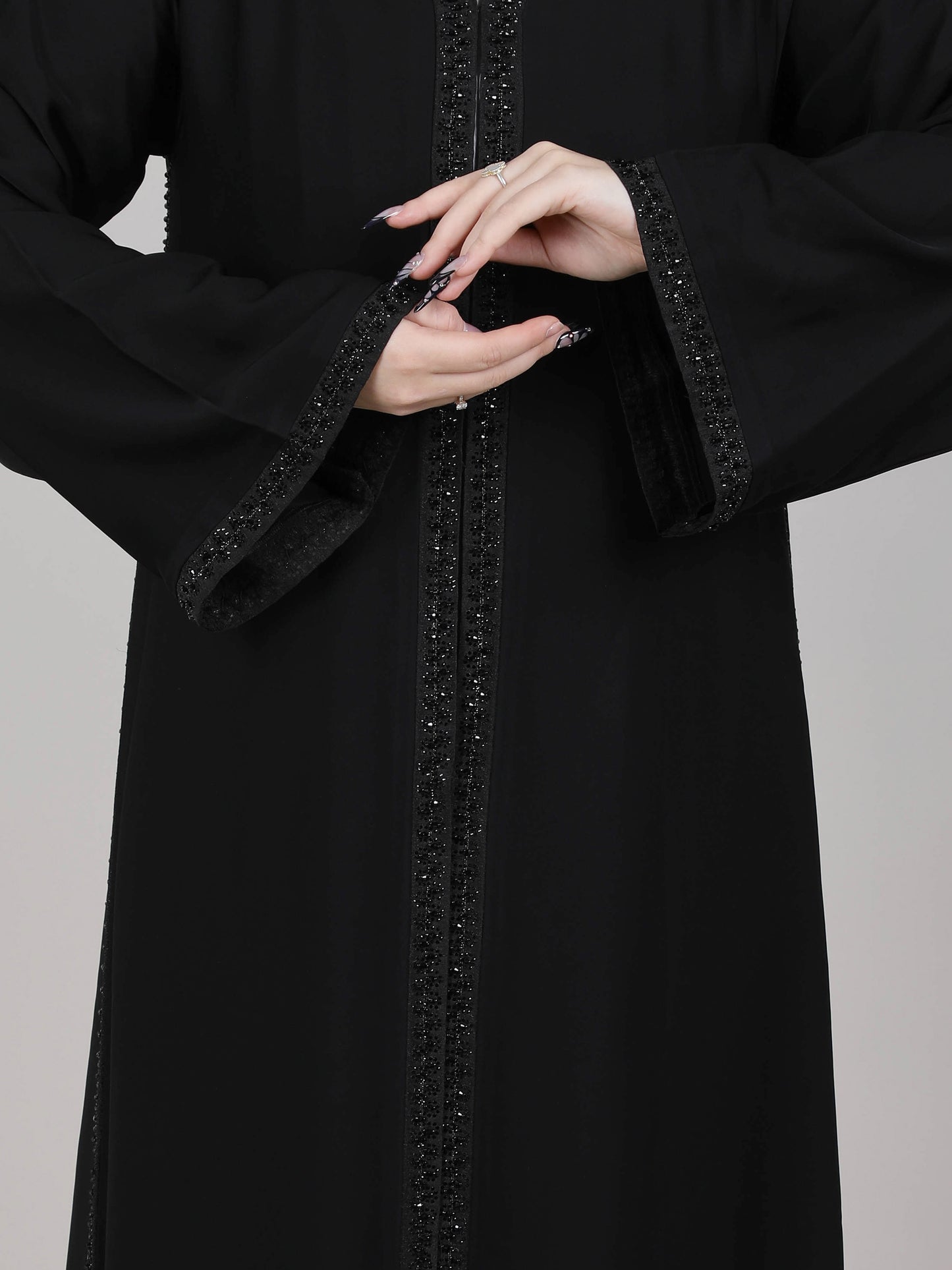 MSquare Fashion V-Neck Black Nida Embroidered Open Abaya