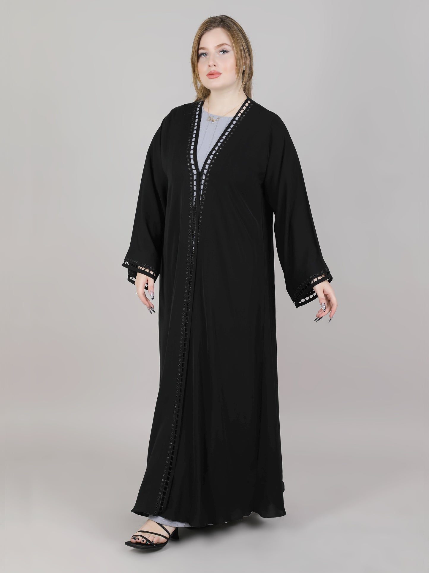 MSquare Fashion V-Neck Black Nida Laser Cut Open Abaya