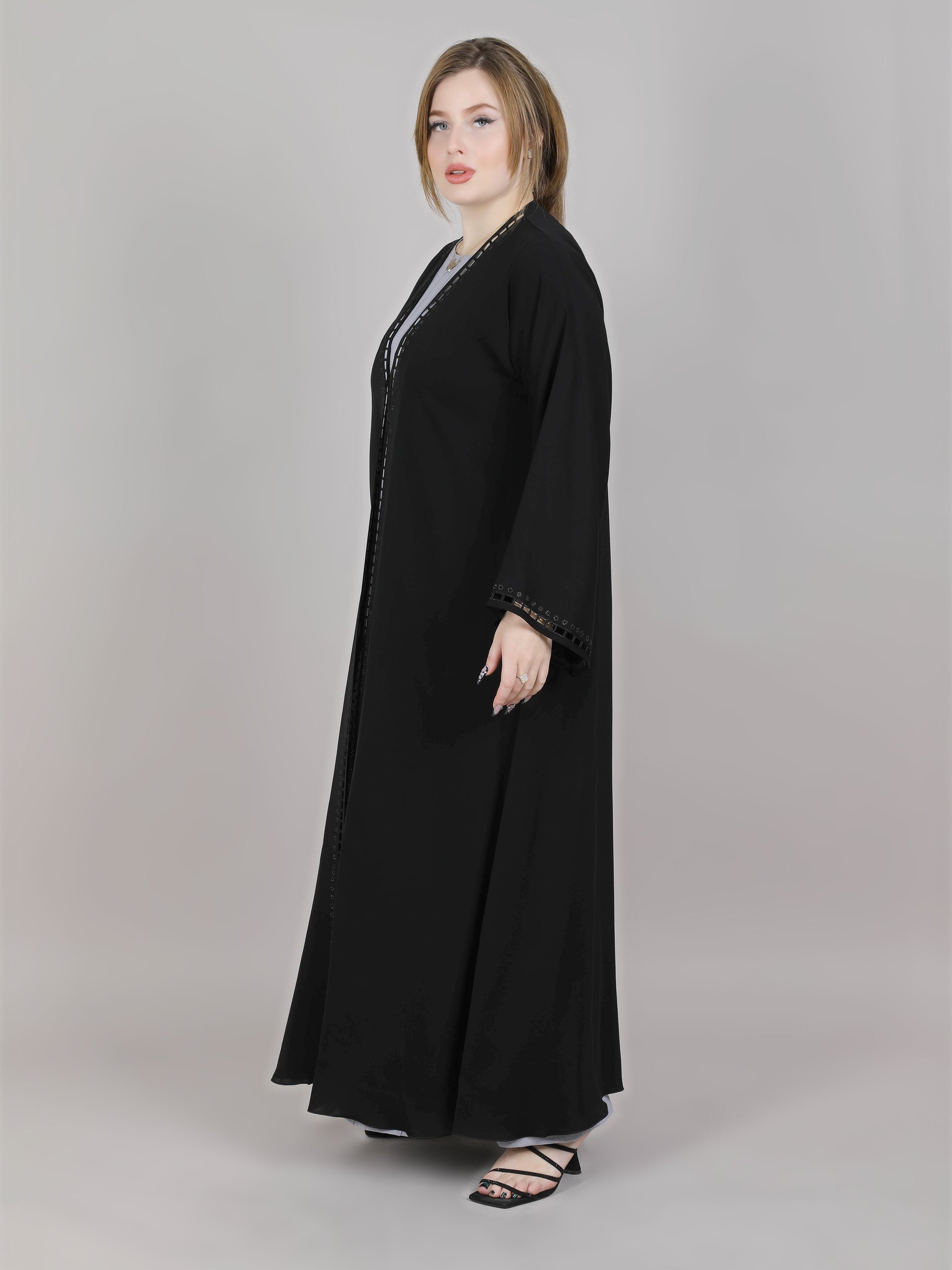 MSquare Fashion V-Neck Black Nida Laser Cut Open Abaya