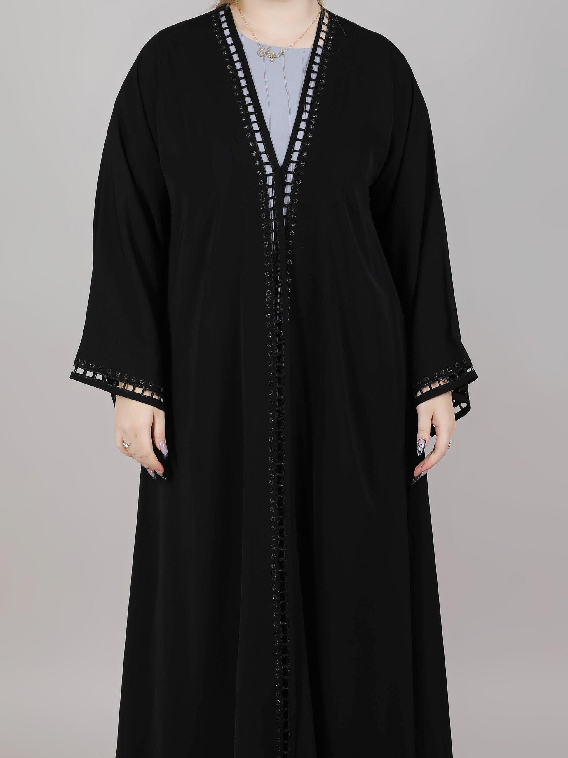 MSquare Fashion V-Neck Black Nida Laser Cut Open Abaya