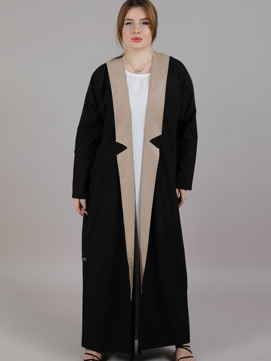 MSquare Fashion Black and Peach Crepe Open Abaya with Embroidery on shoulder