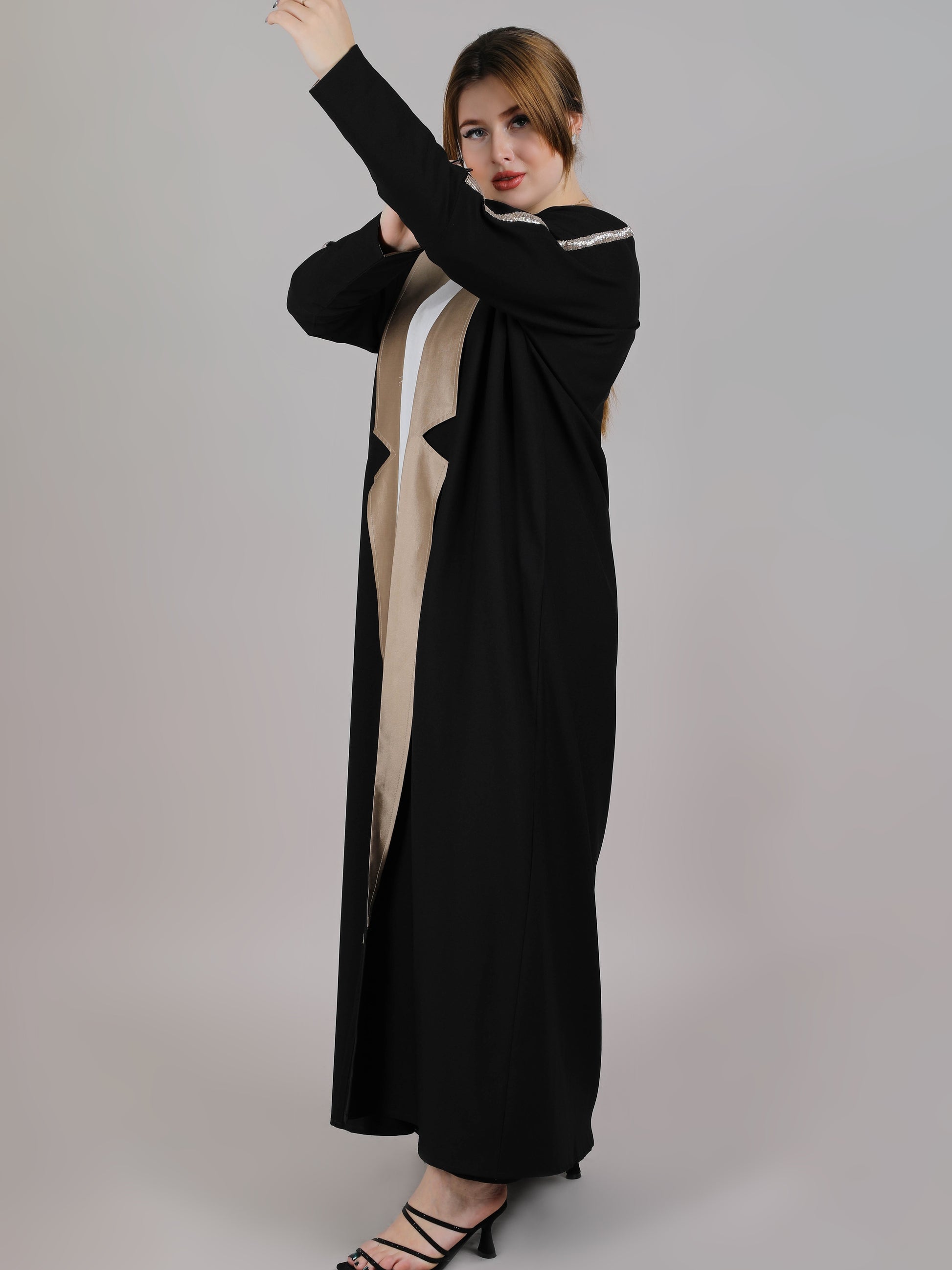 MSquare Fashion Black and Peach Crepe Open Abaya with Embroidery on shoulder