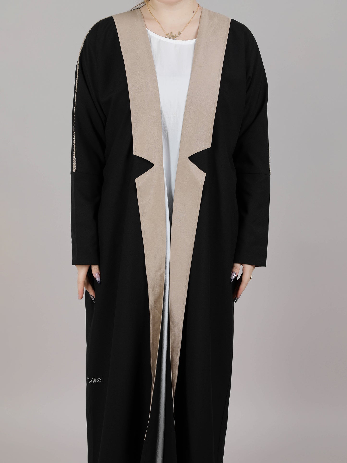 MSquare Fashion Black and Peach Crepe Open Abaya with Embroidery on shoulder