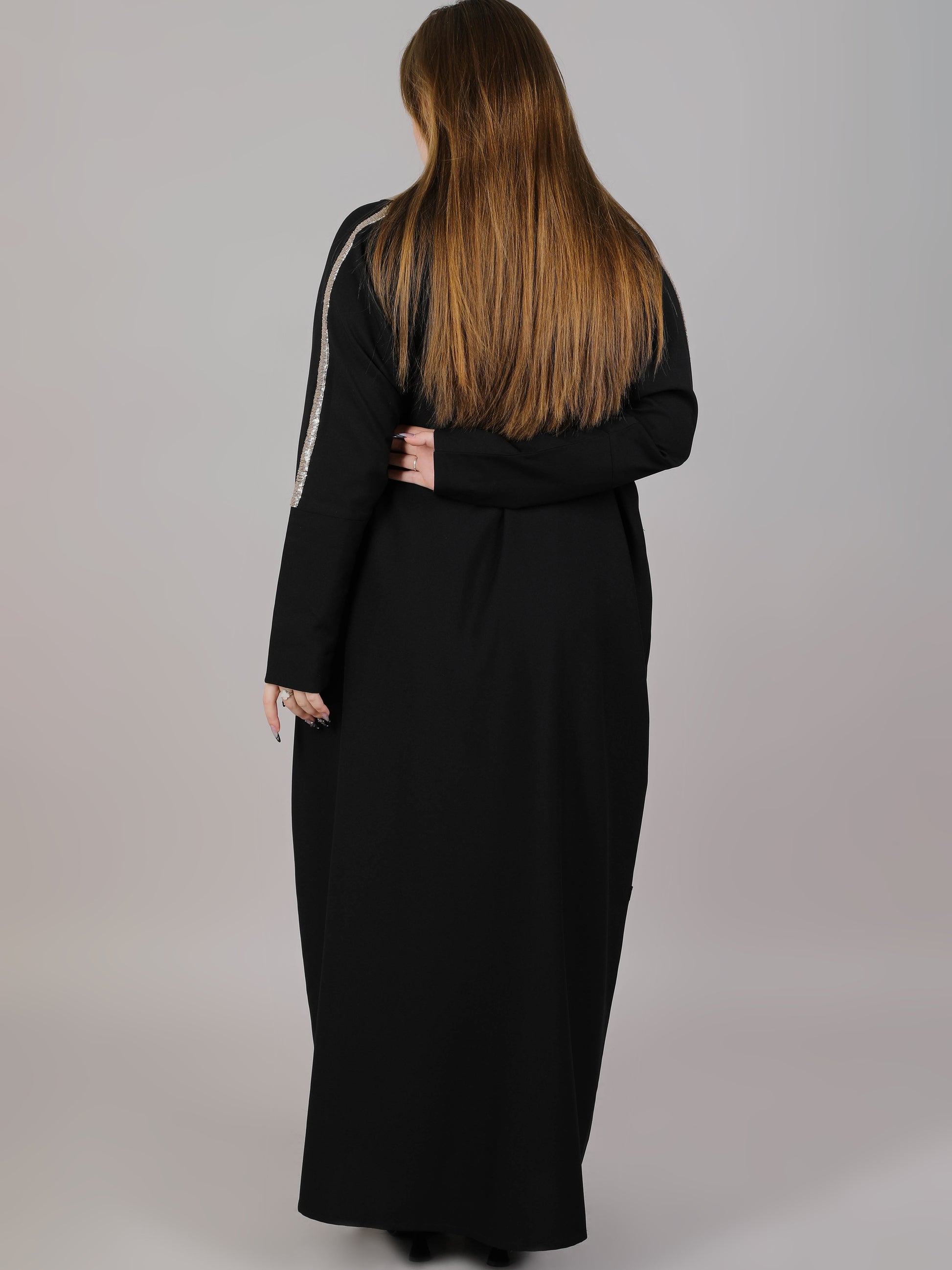 MSquare Fashion Black and Peach Crepe Open Abaya with Embroidery on shoulder