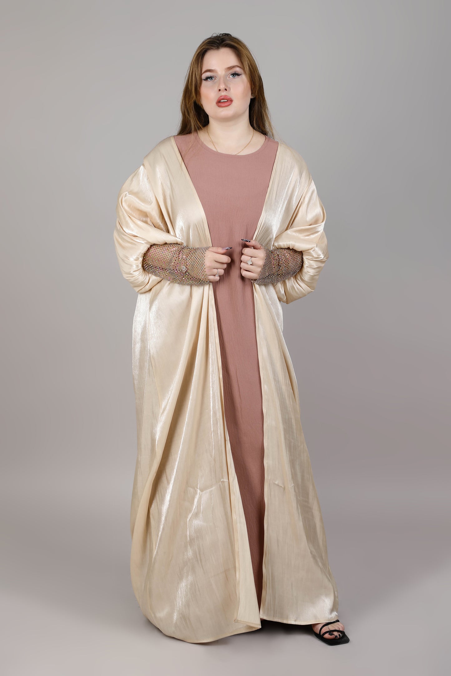 MSquare Fashion Rose Organza Beige Abaya With Lace On Wrist Comes With Sheila And Under Dress