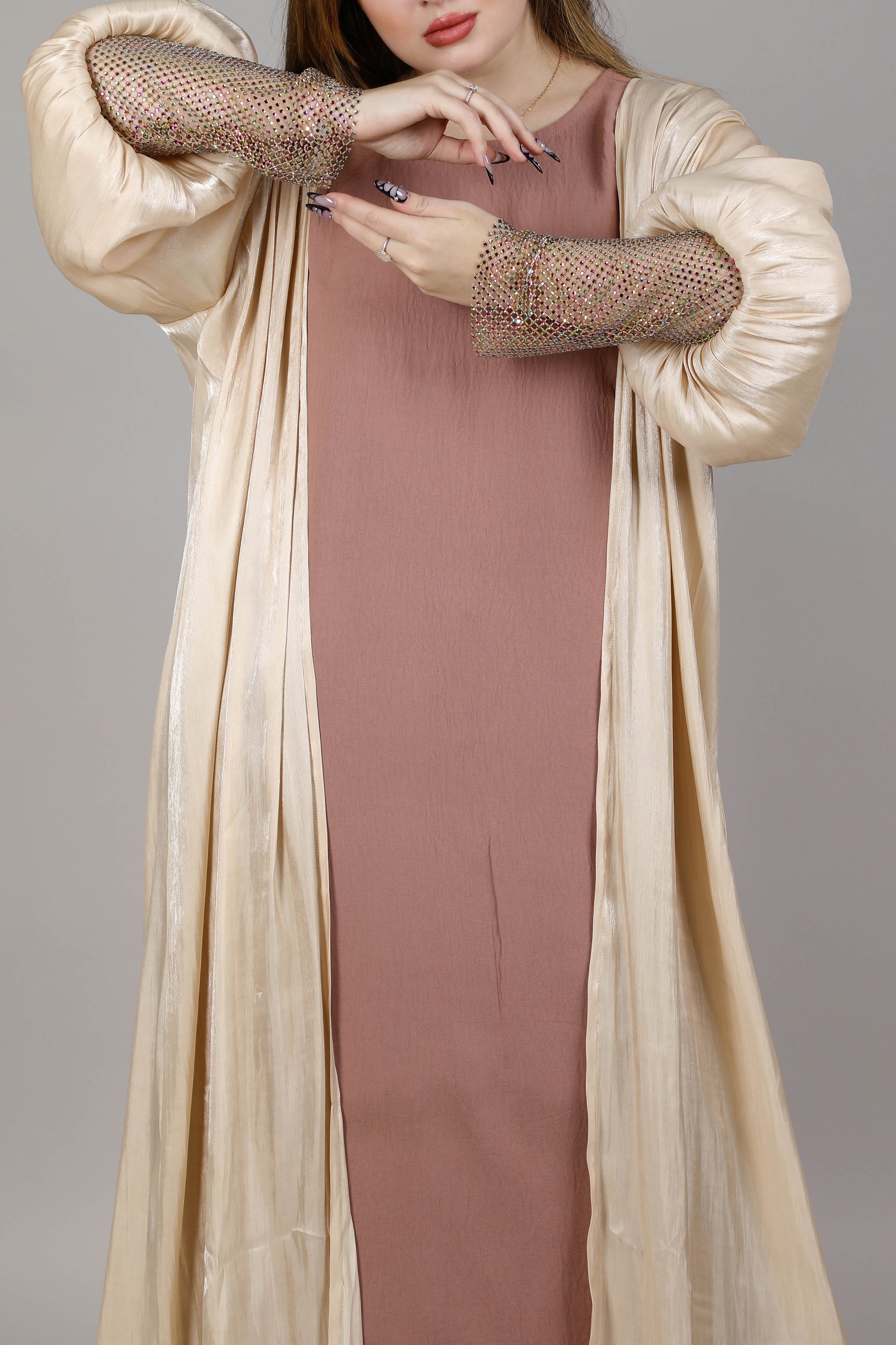 MSquare Fashion Rose Organza Beige Abaya With Lace On Wrist Comes With Sheila And Under Dress