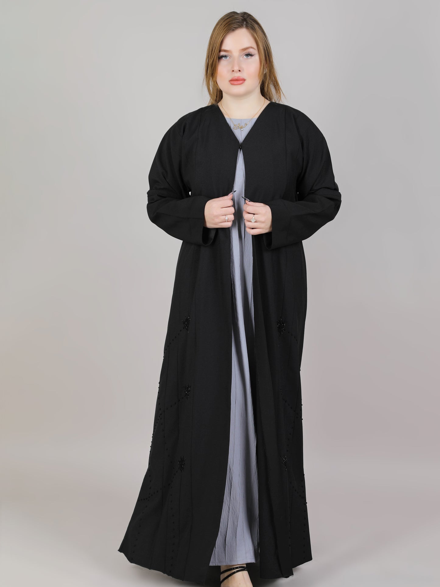 MSquare Fashion V-Neck Crepe Embroidered Open Abaya