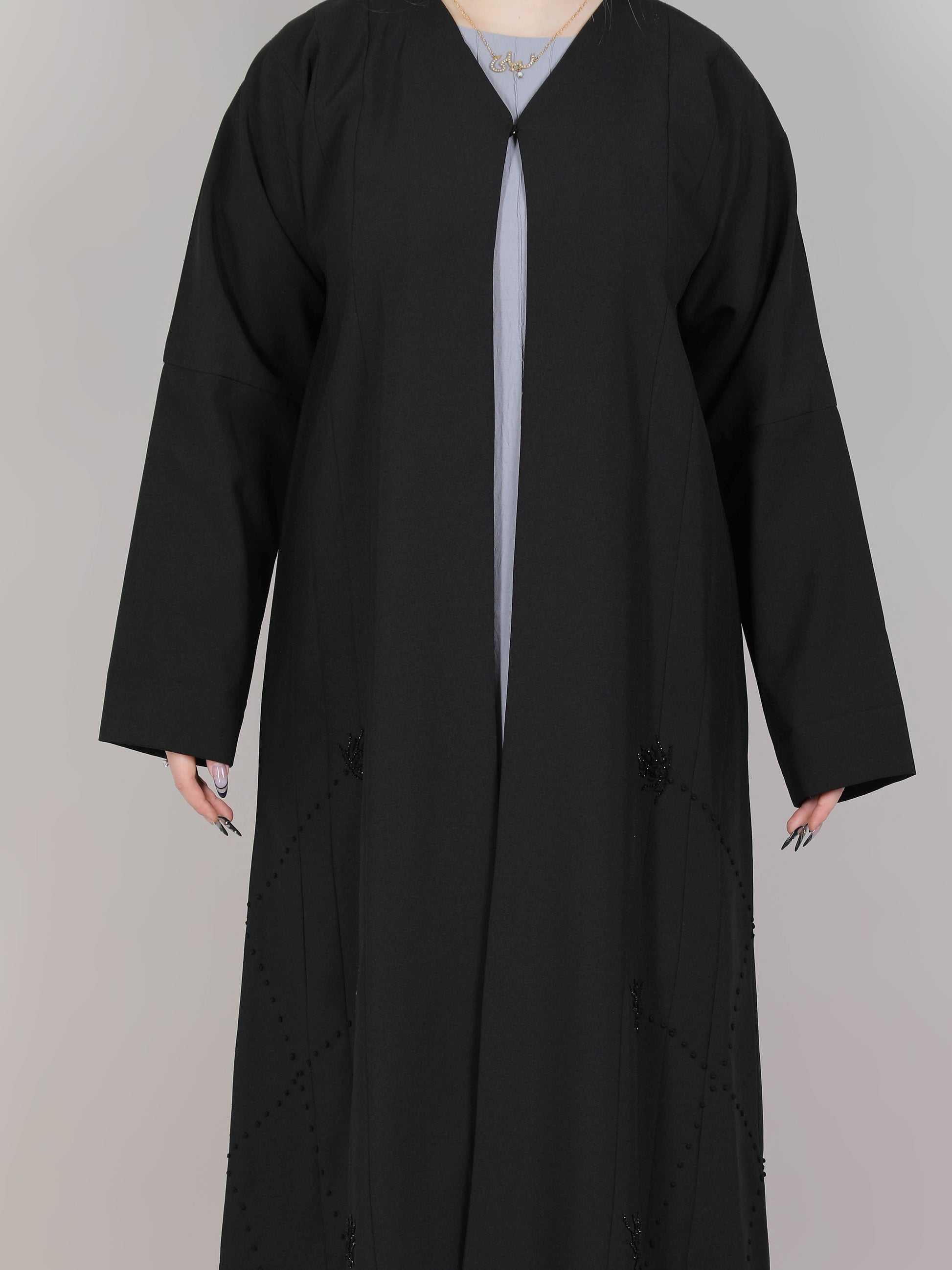 MSquare Fashion V-Neck Crepe Embroidered Open Abaya