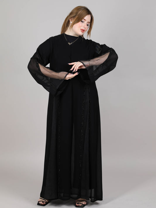 MSquare Fashion V-Neck Black Organza Open Abaya