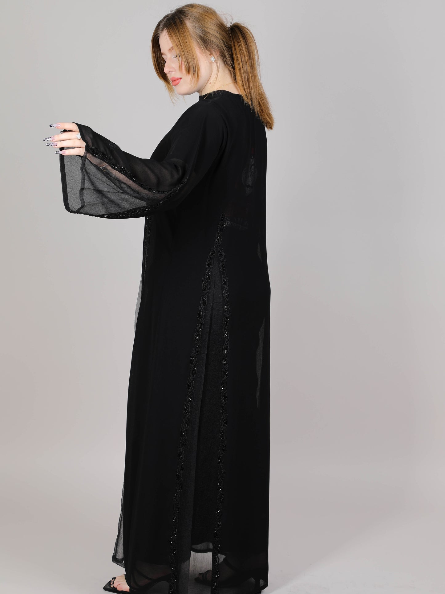 MSquare Fashion V-Neck Black Organza Open Abaya