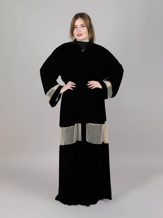 MSquare Fashion Black Velvet Abaya With Lace