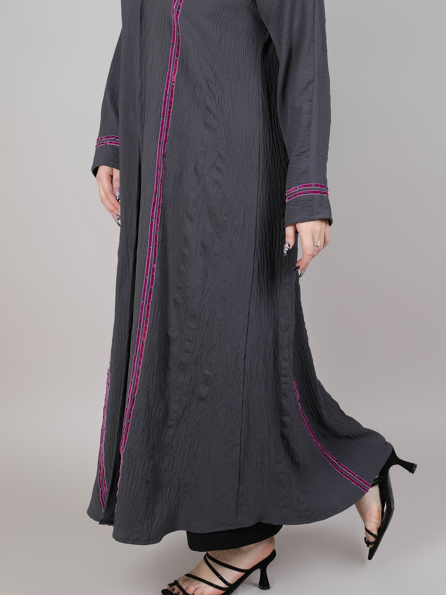 MSquare Fashion V-Neck Grey Harir Maqsood Open Abaya with Maroon lining and Embellishment