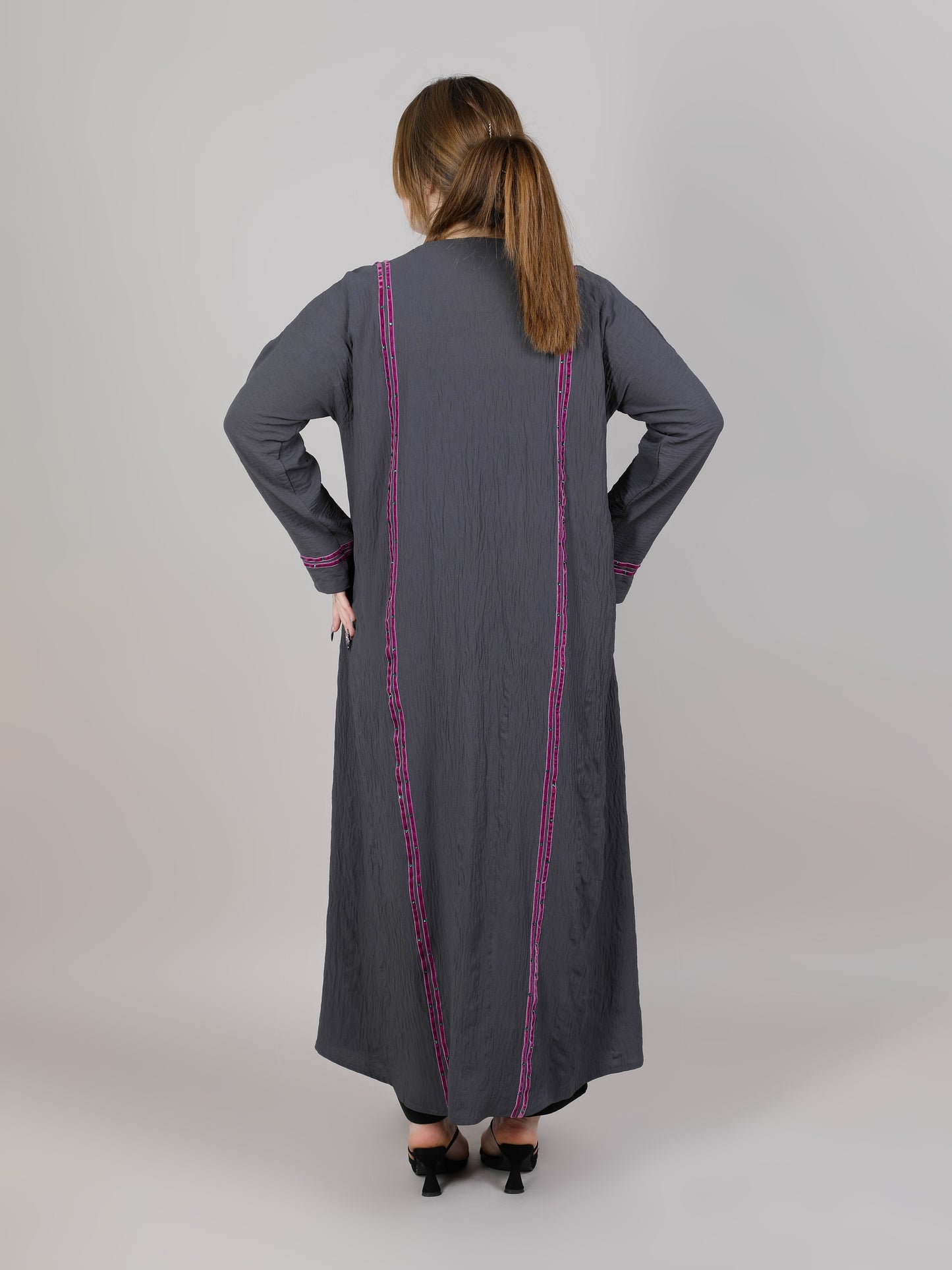 MSquare Fashion V-Neck Grey Harir Maqsood Open Abaya with Maroon lining and Embellishment